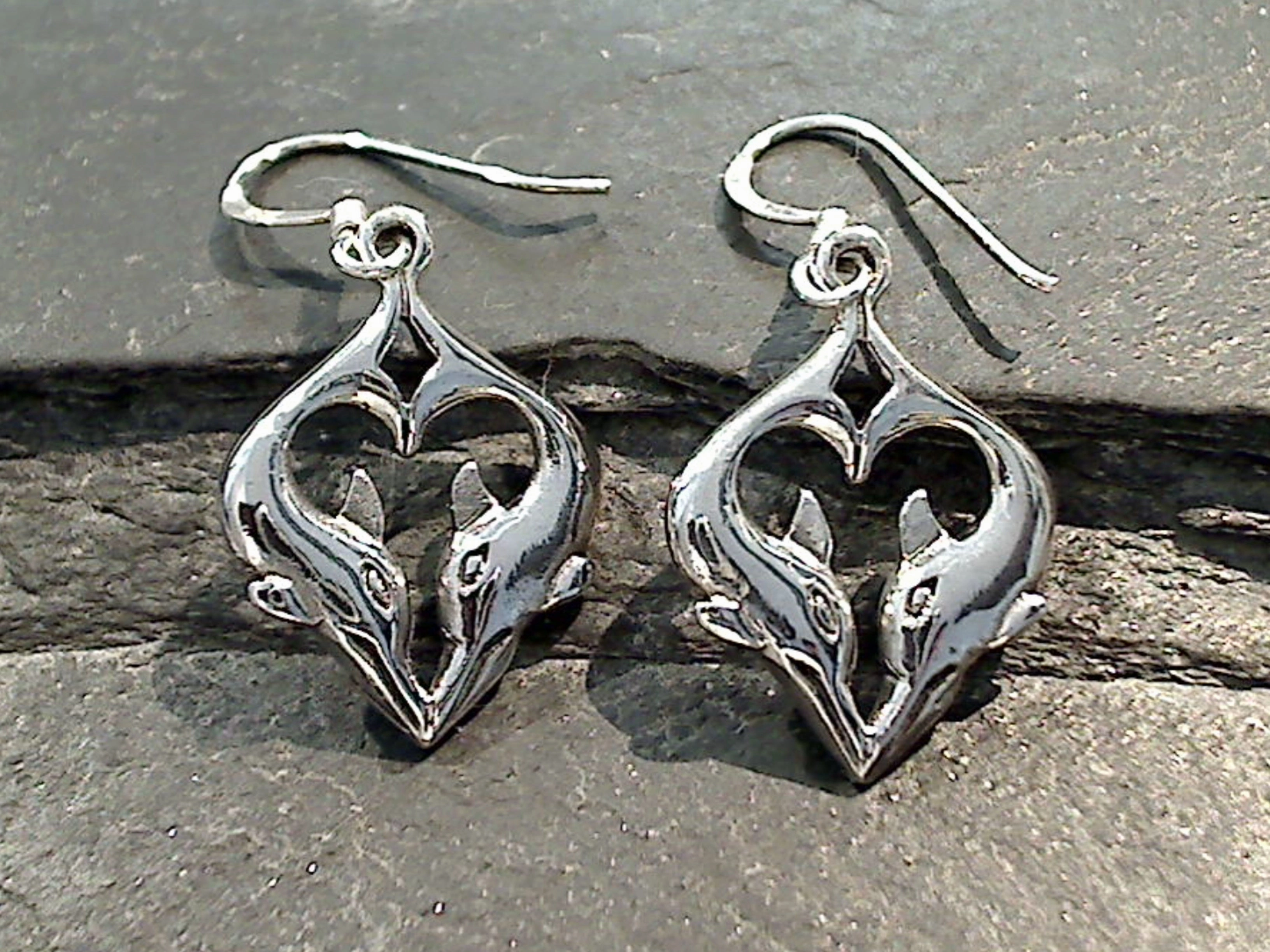 Straight Accent Sterling Silver Dolphin Heart Earrings