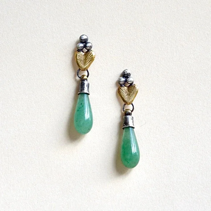 Day To Night Timeless Jewelry Look Sacred Heart Teardrop Earrings - Aventurine Gemstone, Oxidized Brass   Sterling Silver