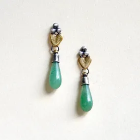 Day To Night Timeless Jewelry Look Sacred Heart Teardrop Earrings - Aventurine Gemstone, Oxidized Brass   Sterling Silver
