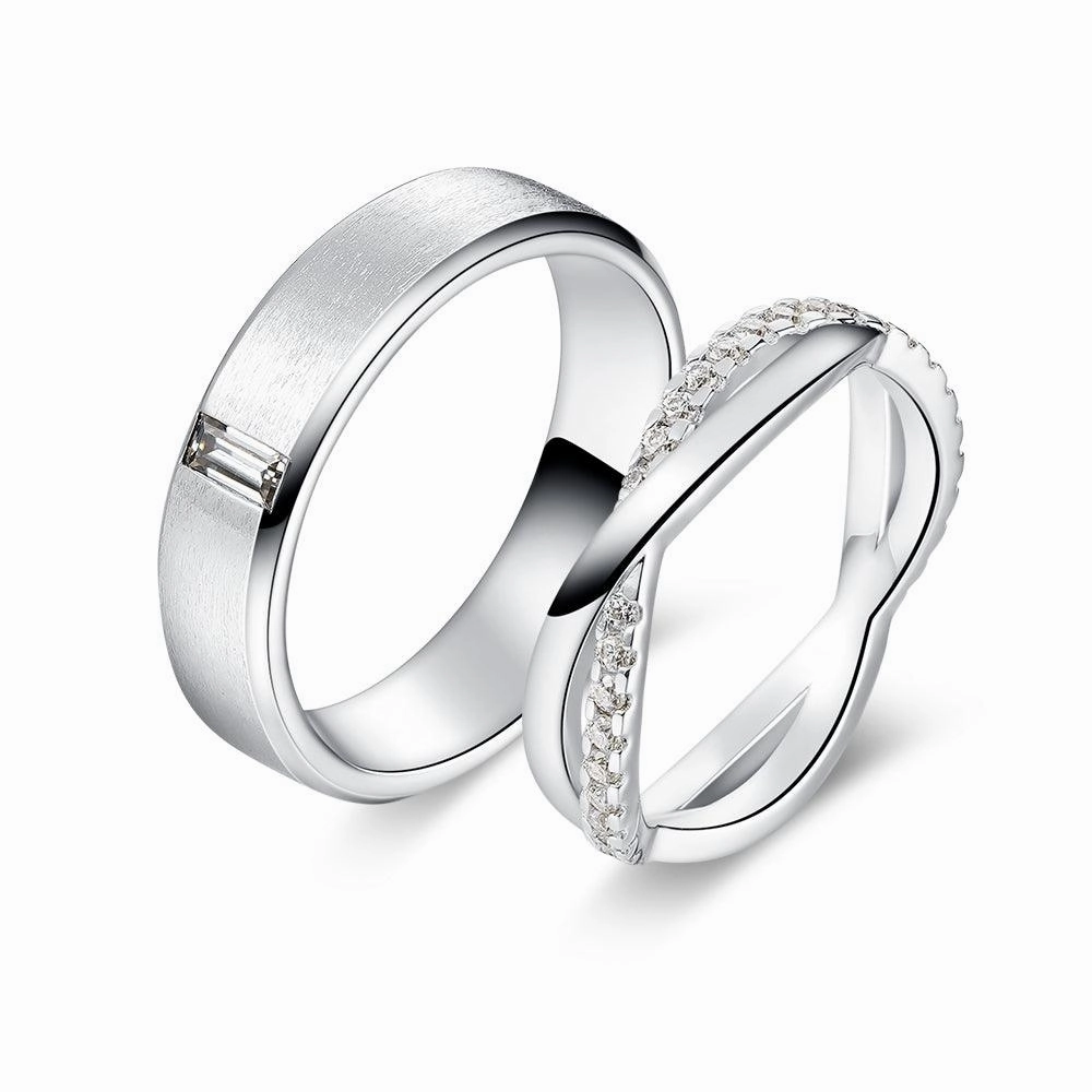 Brunch Date Layered Spark Satin Finish Emerald Cut and Infinity Moissanite Eternity Couple's Ring Set