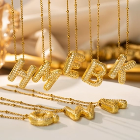 Timeless Detail Glamorous Detail Puffed CZ Initial Necklace 18K Gold Satellite Chain