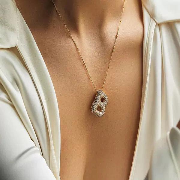 Puffed CZ Initial Necklace 18K Gold Satellite Chain Gleaming Highlight Office Chic