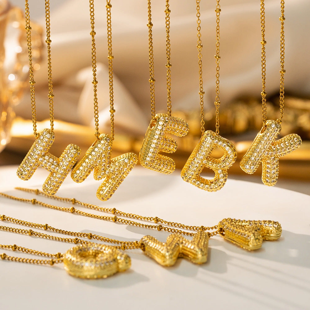 Timeless Detail Glamorous Detail Puffed CZ Initial Necklace 18K Gold Satellite Chain