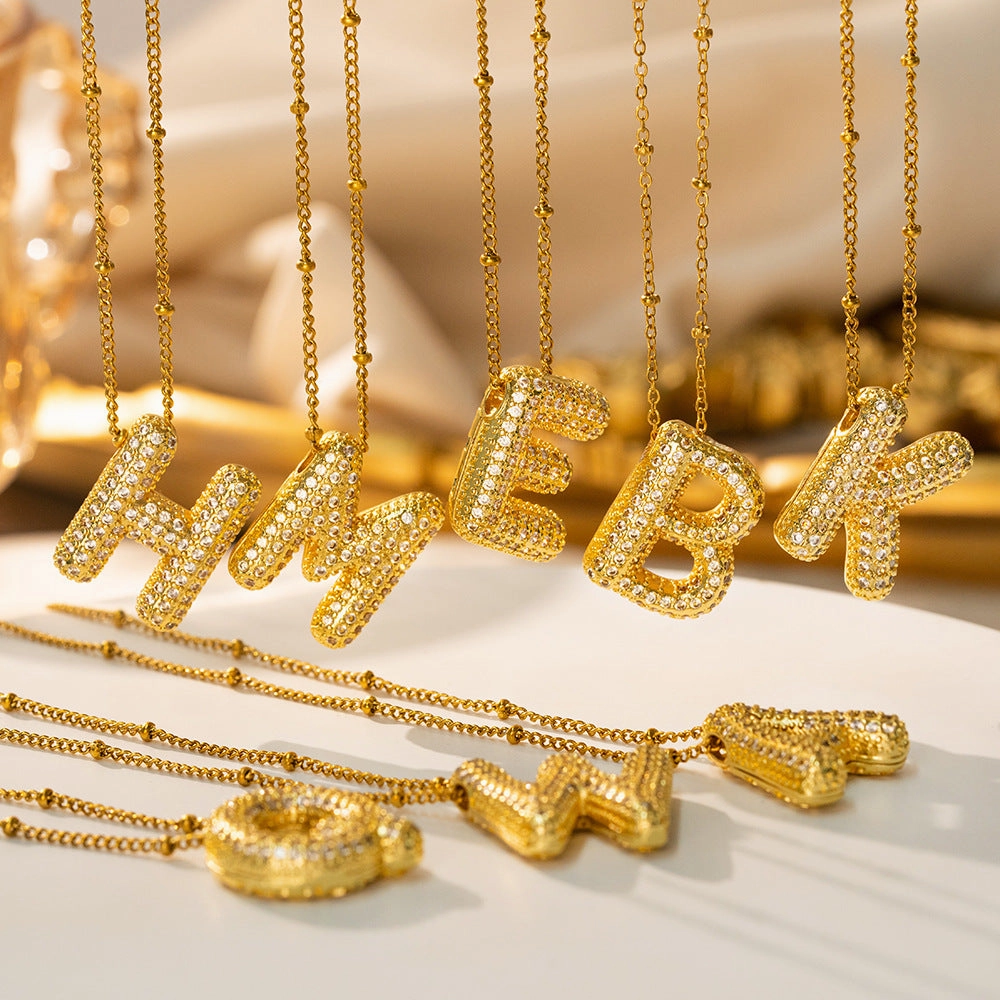 Subtle Sparkle Romantic Spark Puffed CZ Initial Necklace 18K Gold Satellite Chain