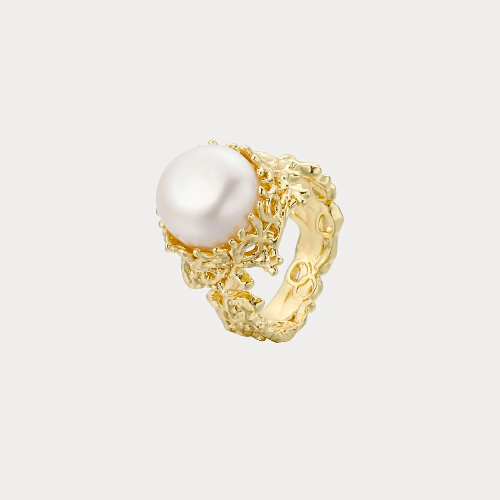Handcrafted Form Bridal Ready Coral Gold Pearl Ring