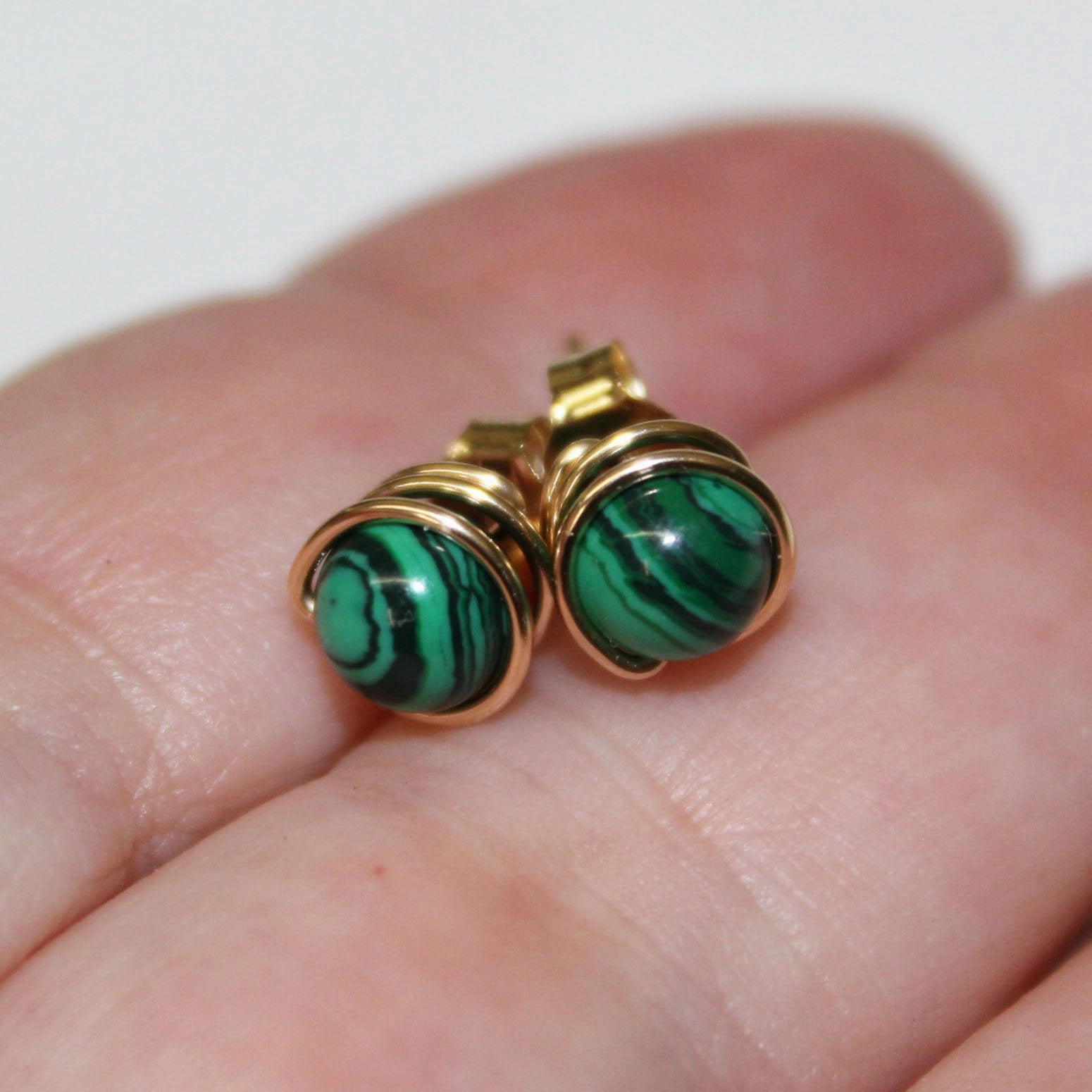 6mm Malachite Bead Wirewrapped Post Earrings Industrial Accessory Glossy Accessory