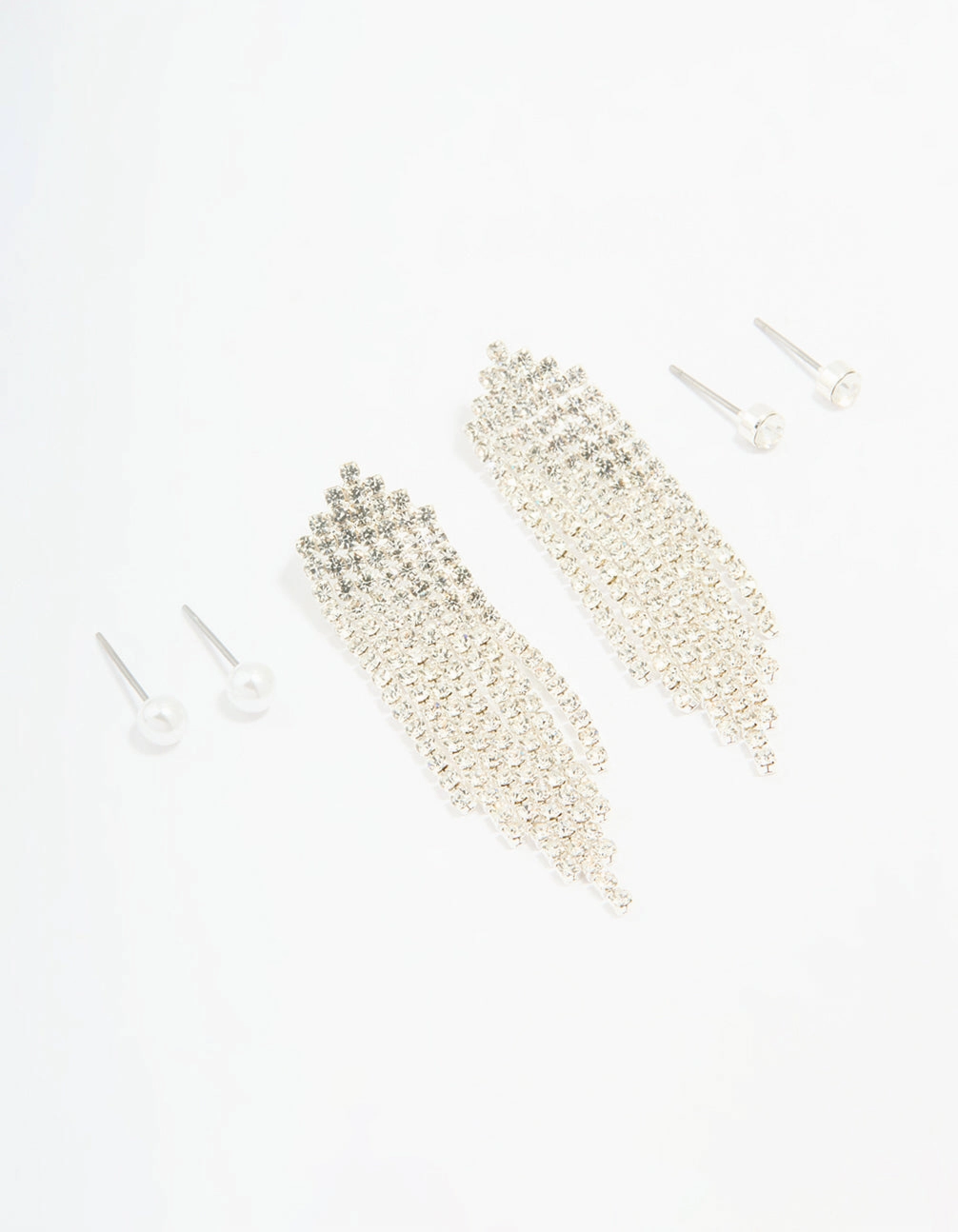 Silver Pearl Stud & Diamante Cupchain Earrings 3-Pack Detail Focus