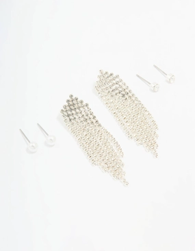 Silver Pearl Stud & Diamante Cupchain Earrings 3-Pack Detail Focus