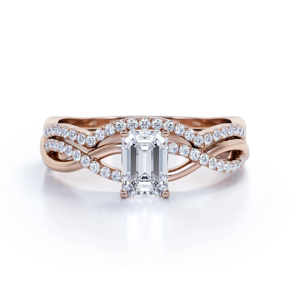 Sleek Spark Creative Craft Three Stone 1.50 Carat Emerald Cut Moissanite Bridal Set