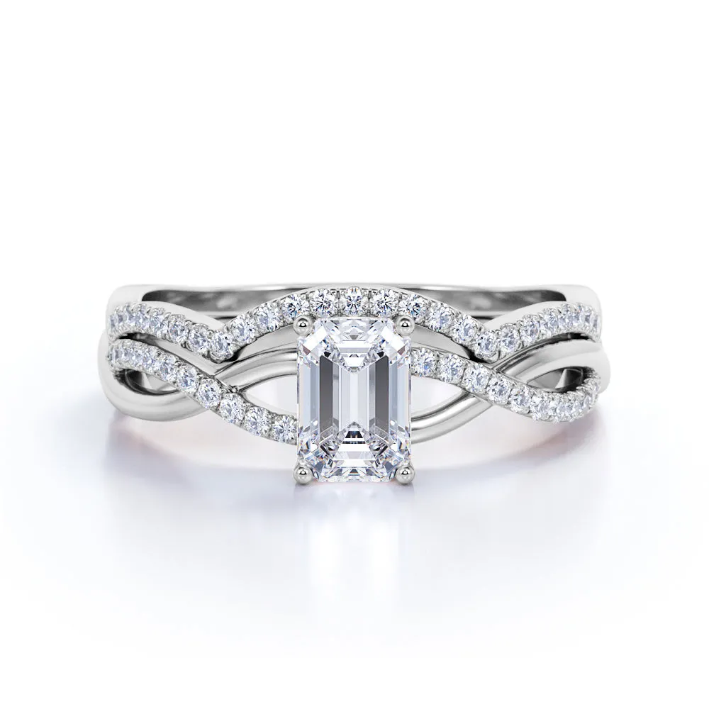 Bright Radiance Three Stone 1.50 Carat Emerald Cut Moissanite Bridal Set