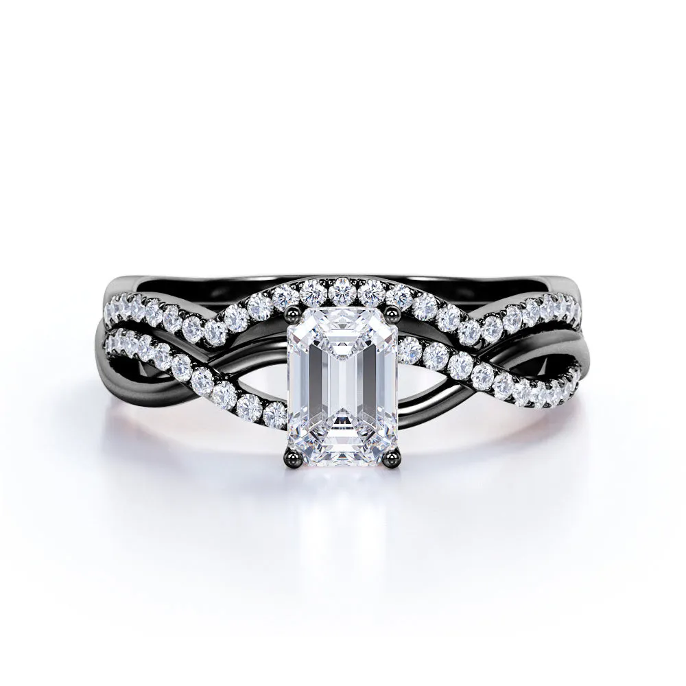 Three Stone 1.50 Carat Emerald Cut Moissanite Bridal Set Bold Pop