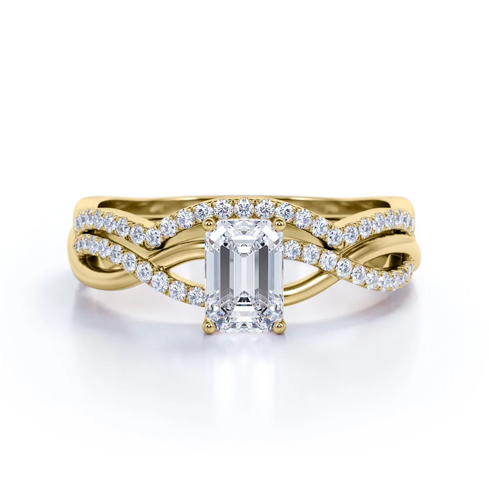 Classic Appeal Graceful Glow Three Stone 1.50 Carat Emerald Cut Moissanite Bridal Set