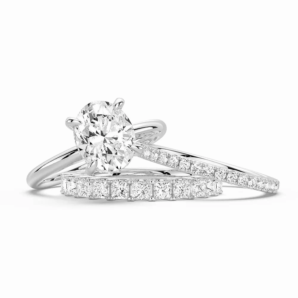 Oval Solitaire Hidden Halo Moissanite Ring Set with Matching Stacking Band Lively Spirit