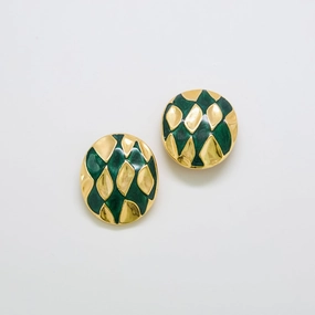 Vintage Abstract Green and Gold Oval Earrings Fashionable Shine Finish Pastel Light