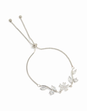Modern Edge Bold Radiance Silver Cubic Zirconia Flower & Leaf Toggle Bracelet