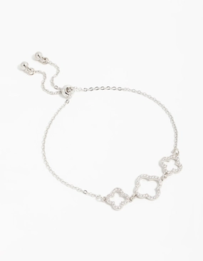 Classic Finish Lustrous Touch Silver Cubic Zirconia Flower Trio Toggle Bracelet