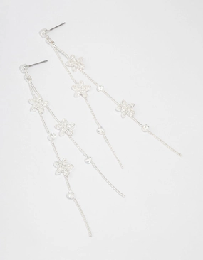 Glam Effect Silver Cubic Zirconia Flower Waterfall Drop Earrings