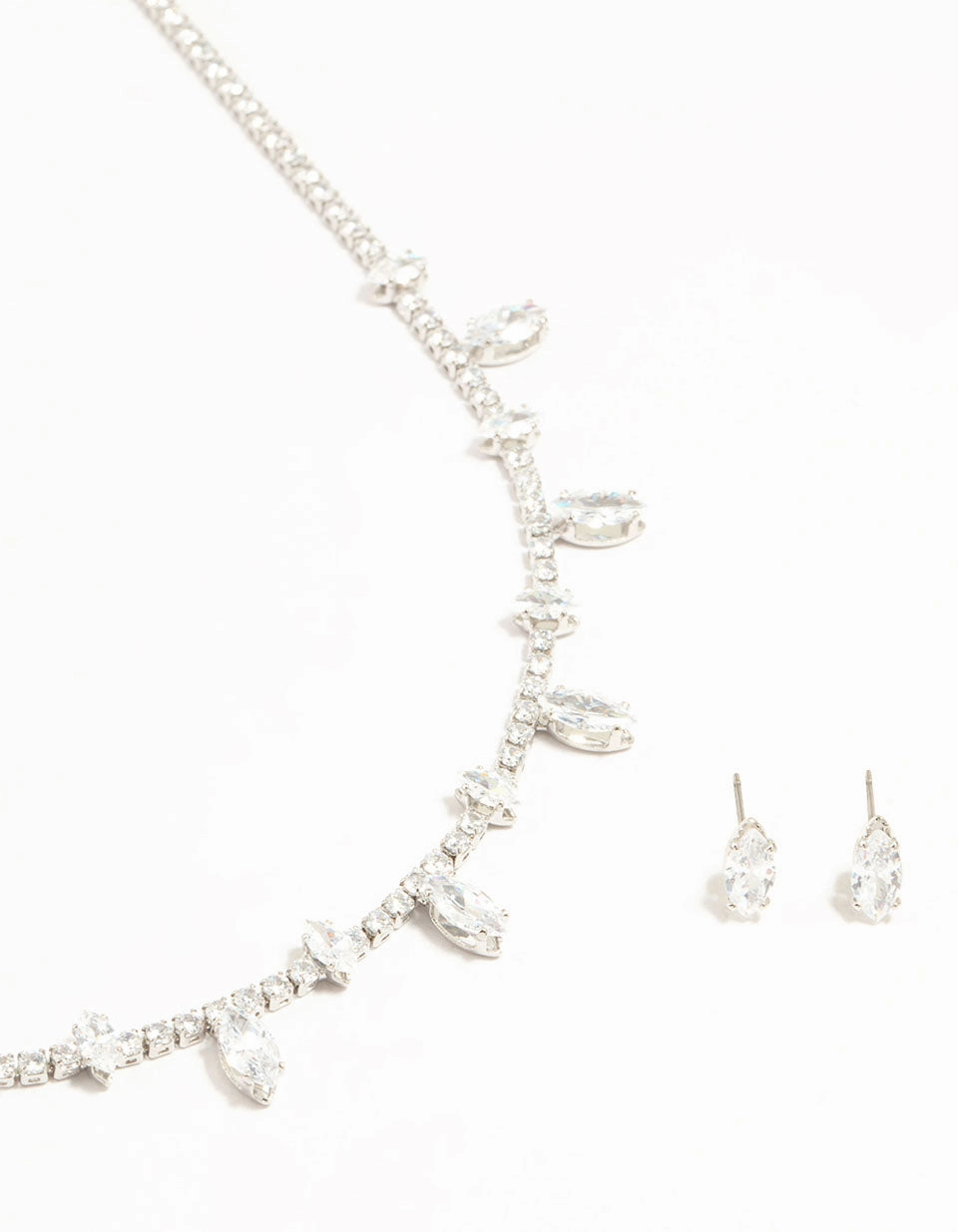 Silver Cubic Zirconia Navette Charm Earrings & Necklace Set Fashion Essential