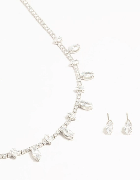 Silver Cubic Zirconia Navette Charm Earrings & Necklace Set Fashion Essential
