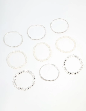 Silver Diamante & Pearl Ball Bracelets 9-Pack Natural Shine Minimal Design
