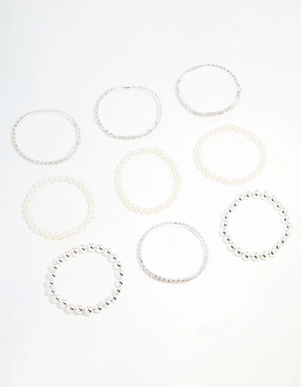 Silver Diamante & Pearl Ball Bracelets 9-Pack Natural Shine Minimal Design