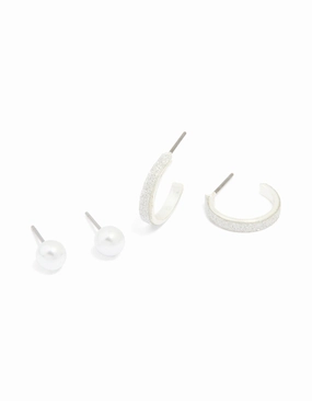 Balanced Highlight Silver Pearl Studs & Glitter Hoop Earrings 2-Pack
