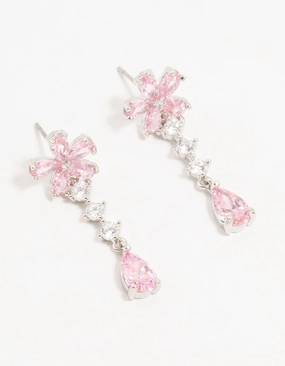 Rich Shine Silver Plated Pink Cubic Zirconia Flower Teardrop Stud Earrings