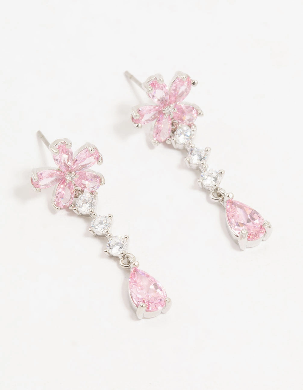 Rich Shine Silver Plated Pink Cubic Zirconia Flower Teardrop Stud Earrings