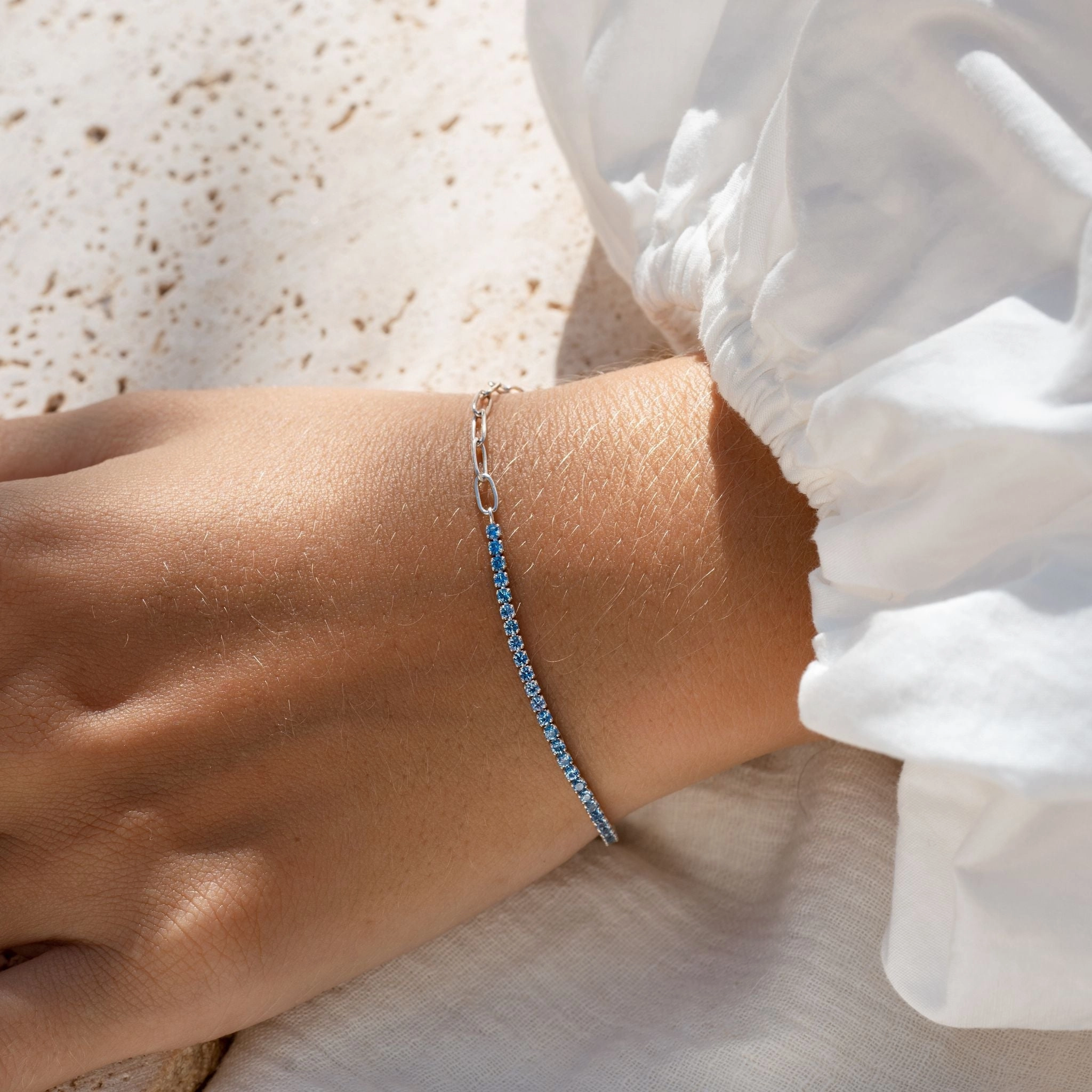 feminine grace Radiant Touch Pieces Silver Tennis Bracelet (Half) - Blue