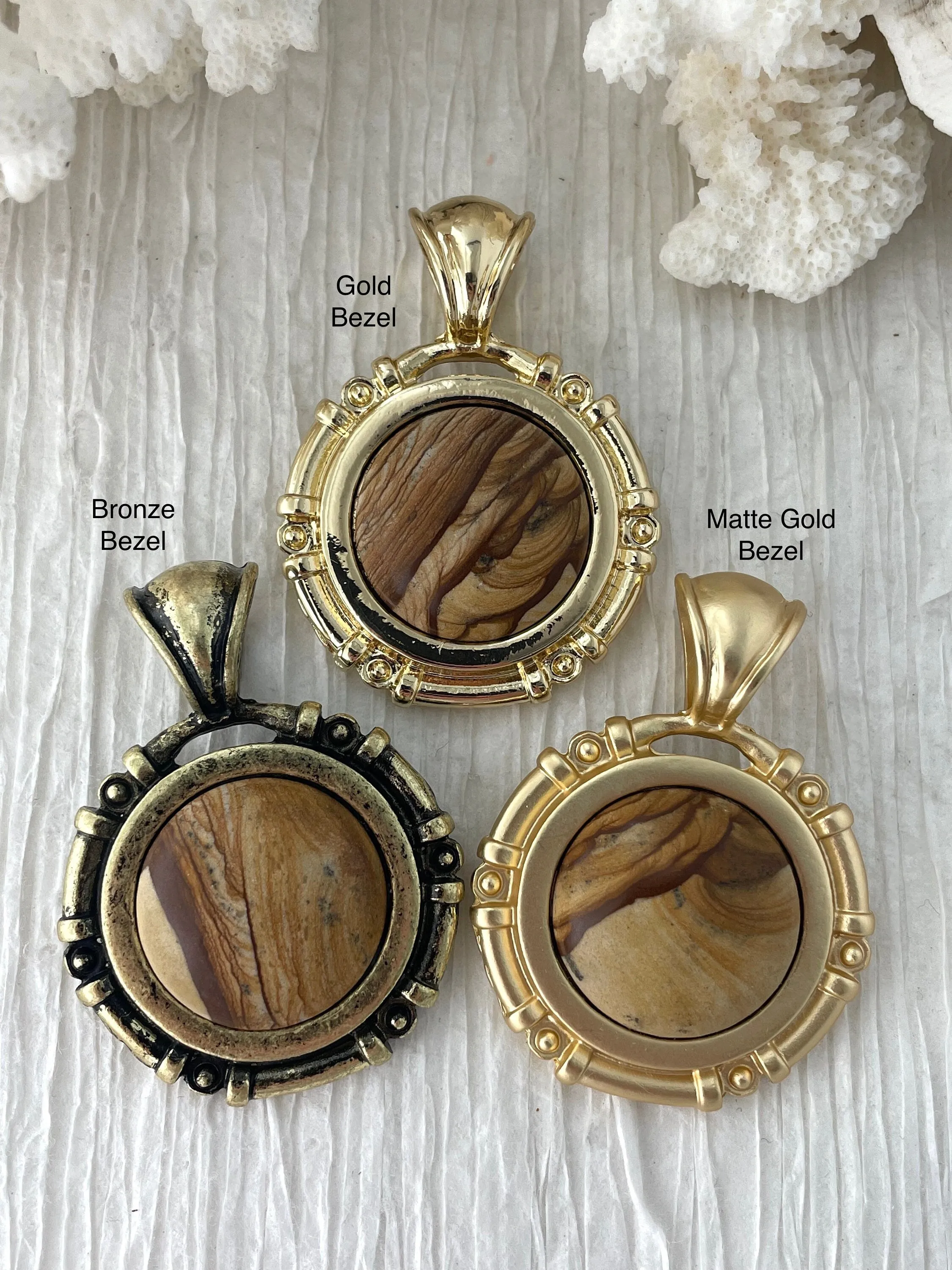 Professional Piece Special Day Picture Jasper Stone Pendant with Bezel, Natural Stone Cabochons, comes in a variety of patterns,3 bezel colors, Natural Stone, Fast Ship.