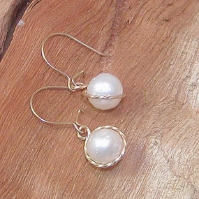 Simple 8mm Freshwater Pearl Wirewrapped Drop Earrings - June Birthstone Glittery Adornment Futuristic Jewelry