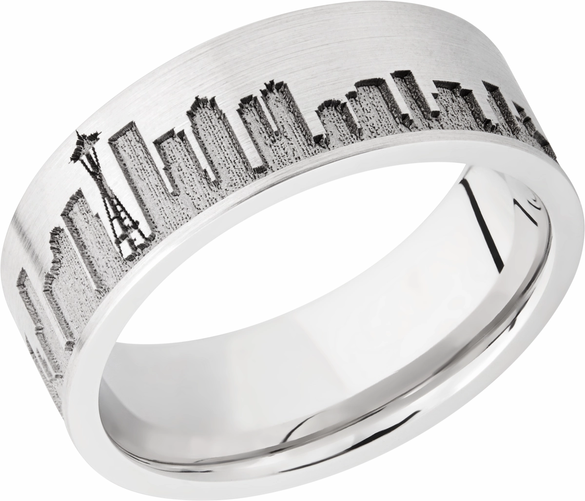 Dainty Touch Sleek Craft Cobalt chrome 8mm flat band with laser-carved Seattle skyline
