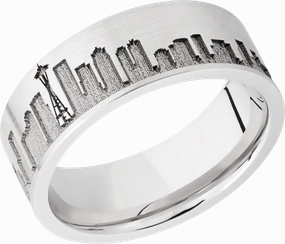 Dainty Touch Sleek Craft Cobalt chrome 8mm flat band with laser-carved Seattle skyline