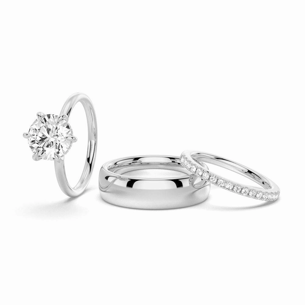 Night Appeal Graduation Day Six Prong Solitaire Moissanite Couple's Ring Set with Men's Wedding Band