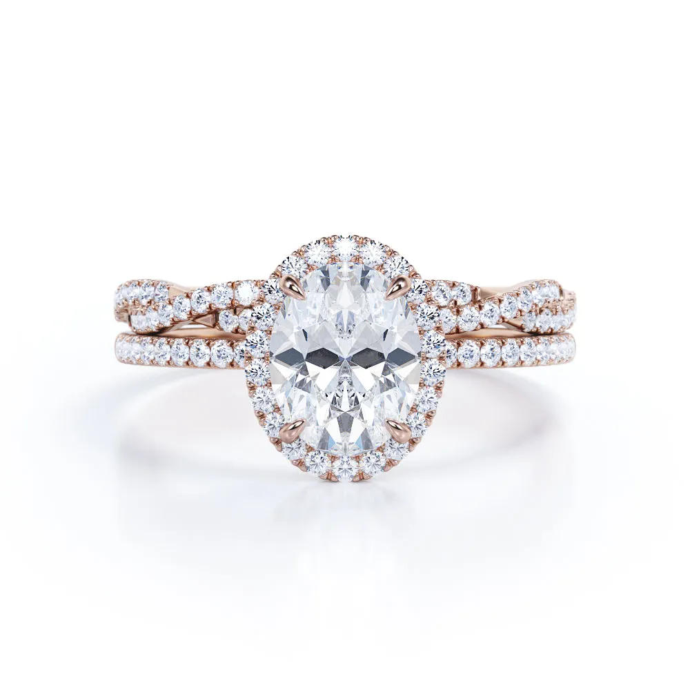 Soft Mood Classic Spark 1.50 Carat Oval Cut Moissanite Halo Wedding Ring Set