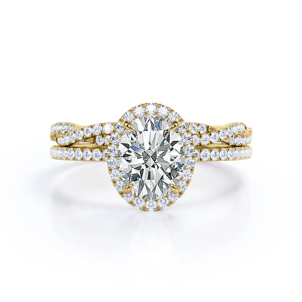 Radiant Form 1.50 Carat Oval Cut Moissanite Halo Wedding Ring Set