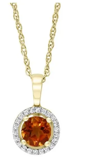 Natural Spark Layered Combo 14K Yellow Gold Round Shape Citrine and Diamonds Solitaire Pendant with a 14K Yellow Gold Cable Link Necklace (0.66ctw)