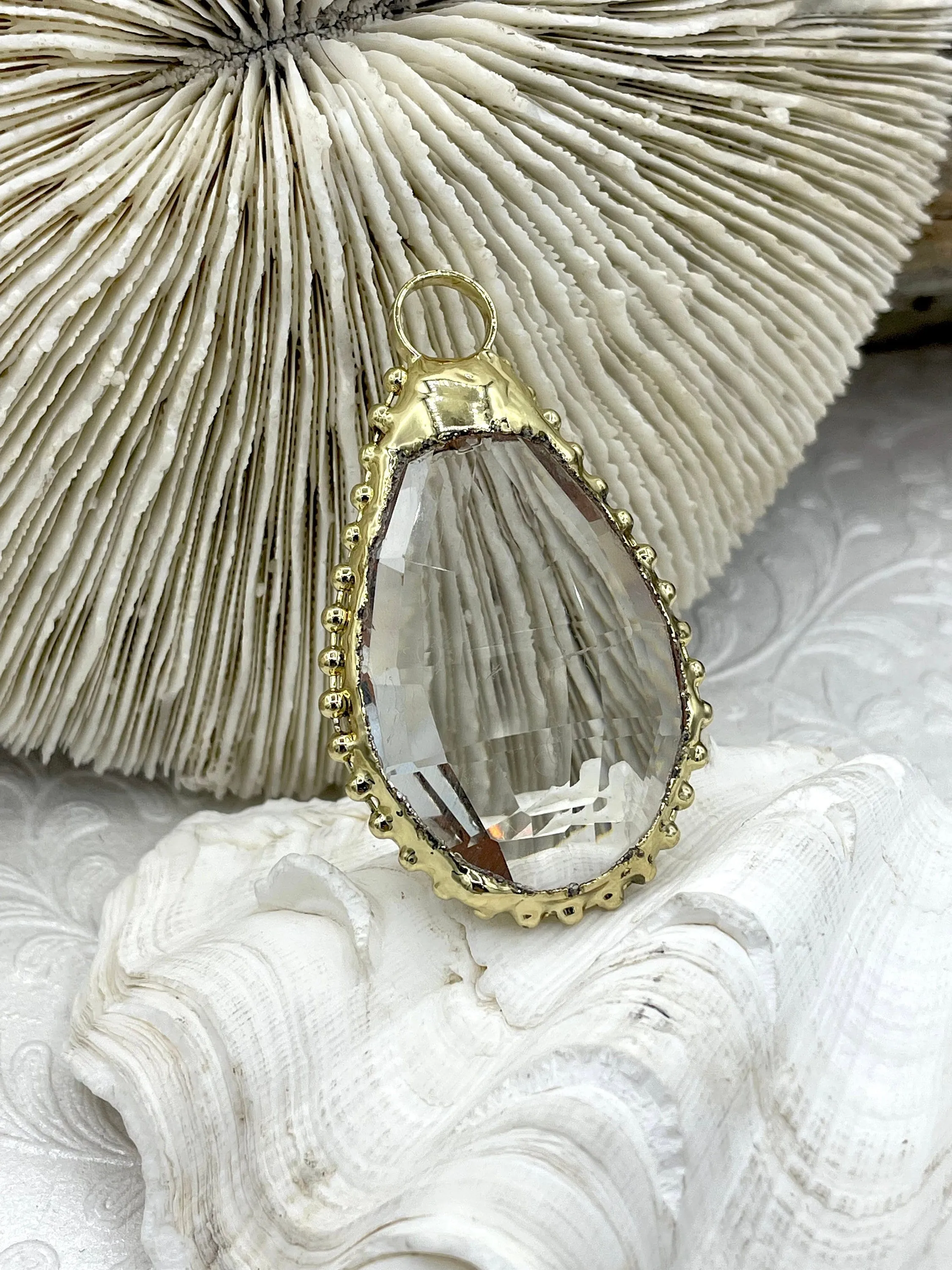 Lovely Piece Gift Option Crystal Gold Soldered Pendant/Charm. Teardrop Shape, Textured Soldering, Necklace Charm. Fast Shipping