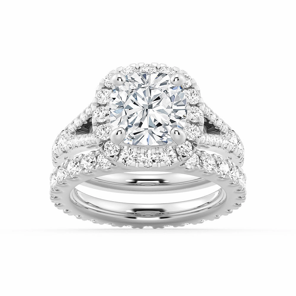 Halo Cushion Cut Split Shank Moissanite Ring Set with Matching Wedding Band Alluring Charm