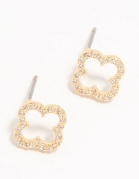 Subtle Form Gold Plated Cubic Zirconia Flower Outline Stud Earrings