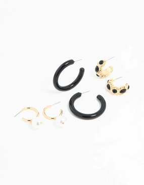 Styled Finish Gold & Dark Blue Pearl  Drop Hoop Earrings 3-Pack