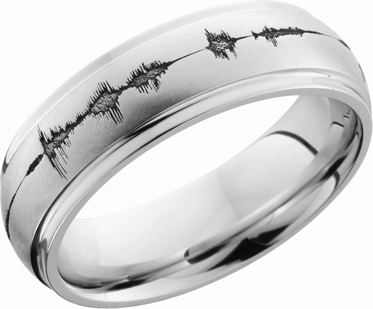 Cobalt chrome 7mm domed band with grooved edges and a laser-carved soundwave Allure Sparkle Silhouetted Shine