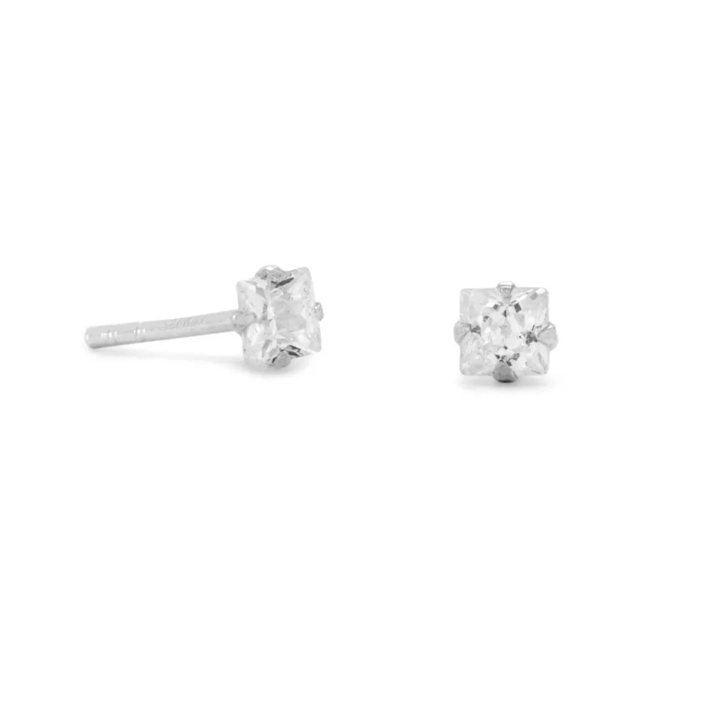 Small 3mm Square Cubic Zirconia CZ Stud Earrings Mens Sterling Silver Fashion Craft