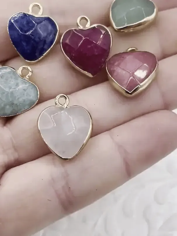 Small Heart Shaped Natural Stone Pendants Gold Soldered, Natural Stone Pendants, will come in a variety of patterns, 6 colors, Fast Ship Unique Piece