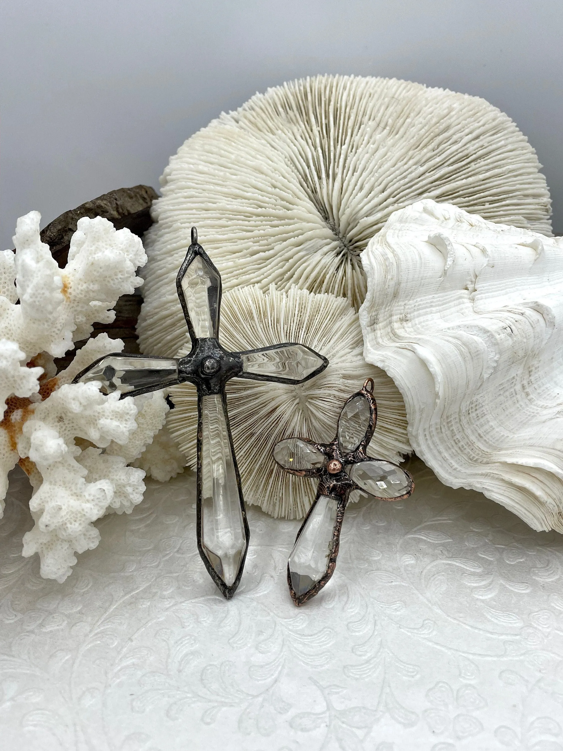 Soldered Cross Shaped Crystal Pendants and charms. Cross Shape Crystal, 2 styles, Large Gunmetal or Small Copper, 4mm Bale ID, Fast Shipping Fashion highlight