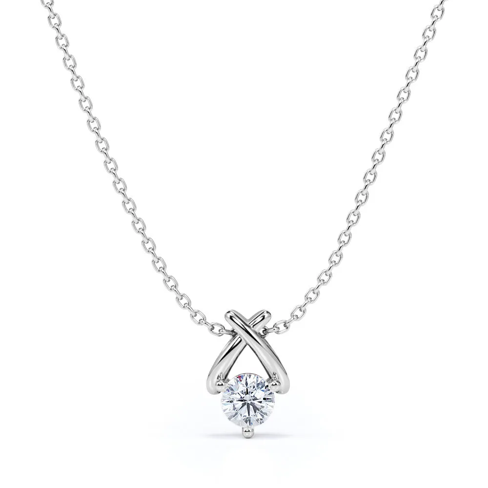 For Partner Solitaire 0.33 Carat Round Cut Diamond Criss Cross Pendant Necklace In White Gold