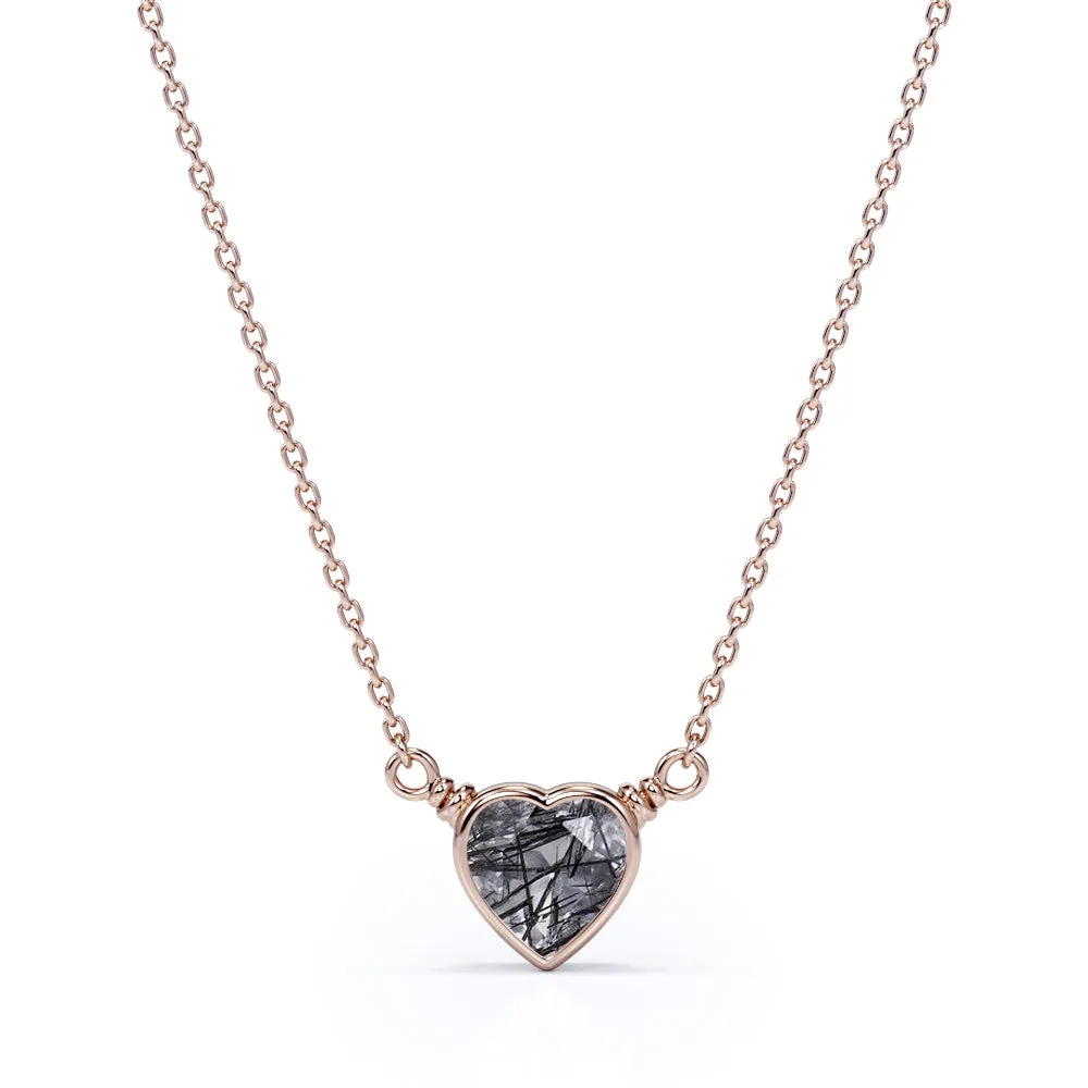 Solitaire 0.5 Carat Heart Shaped Natural Druzy Black Rutile Quartz Bezel Set Pendant Necklace In Black Gold Extendable Piece Gift Choice