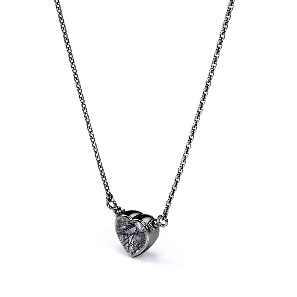 Bold Statement Solitaire 0.5 Carat Heart Shaped Natural Druzy Black Rutile Quartz Bezel Set Pendant Necklace In Black Gold