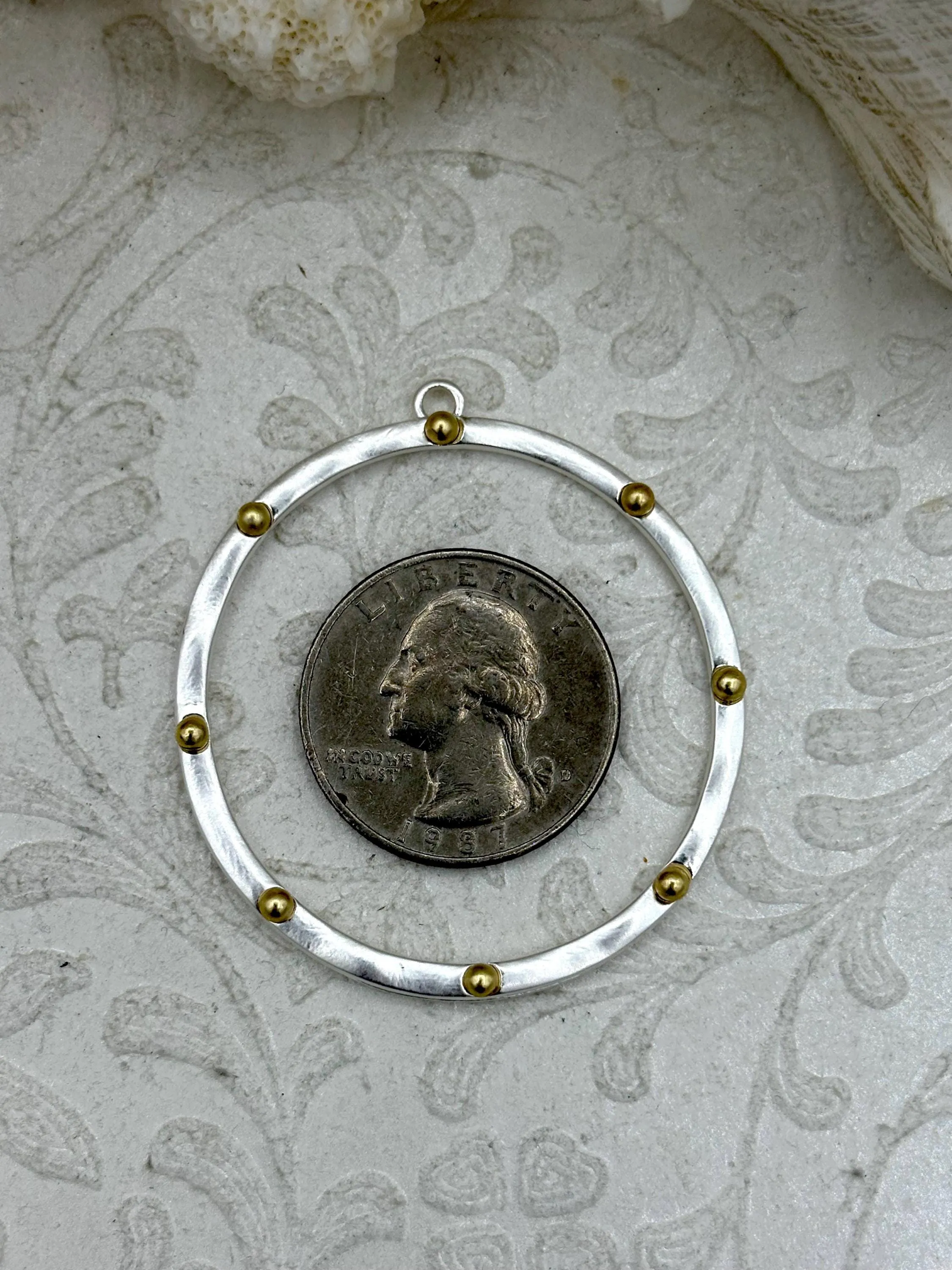 Round Hoop Ring Circle Pendant with Dots, Pendant or Earrings Artisan Ring, Hoop Charm, Closed Ring with Bale, 43mm, 7 Styles Fast Shipping Retro Detail