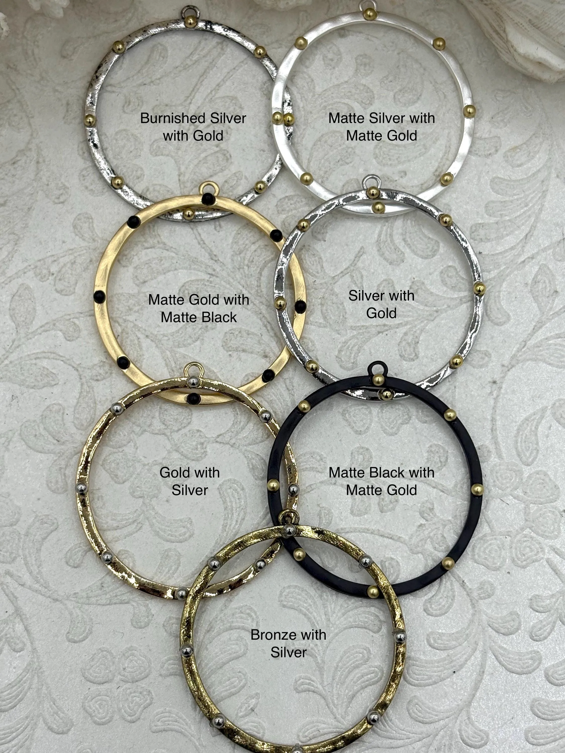 Round Hoop Ring Circle Pendant with Dots, Pendant or Earrings Artisan Ring, Hoop Charm, Closed Ring with Bale, 43mm, 7 Styles Fast Shipping Retro Detail